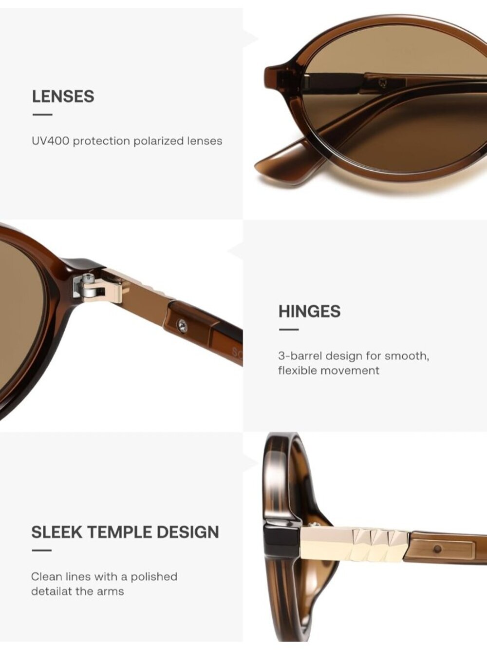 SOJOS Women's Brown Polarized Retro Oval Sunglasses Vintage Trendy Designer - Picture 5 of 6